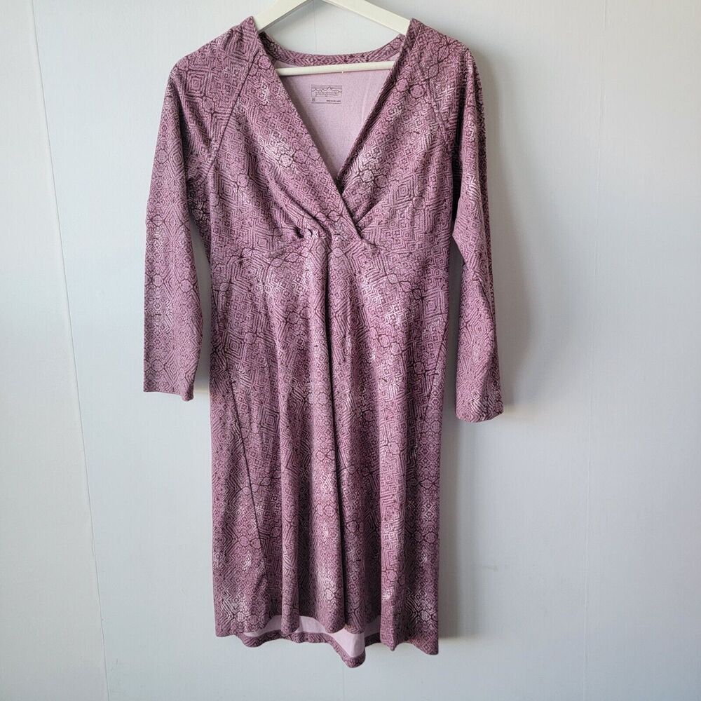 patagonia metairie athletic fit flare faux wrap 3/4 sleeve violet dreess‎ size M